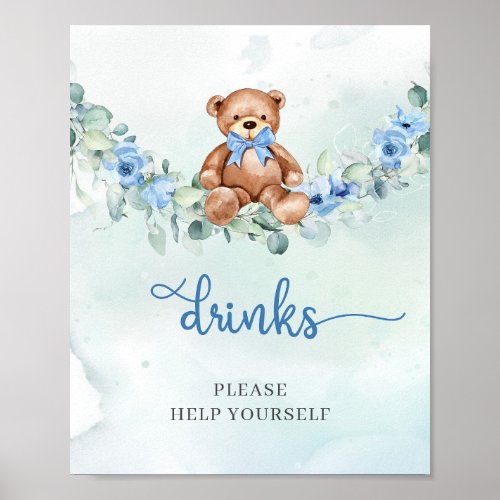 Watercolor Teddy bear blue floral greenery drinks Poster