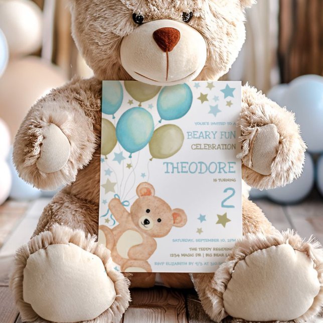 Watercolor Teddy Bear Blue Gold Boys Birthday Invitation (Creator Uploaded)