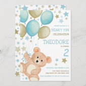 Watercolor Teddy Bear Blue Gold Boys Birthday Invitation (Front/Back)