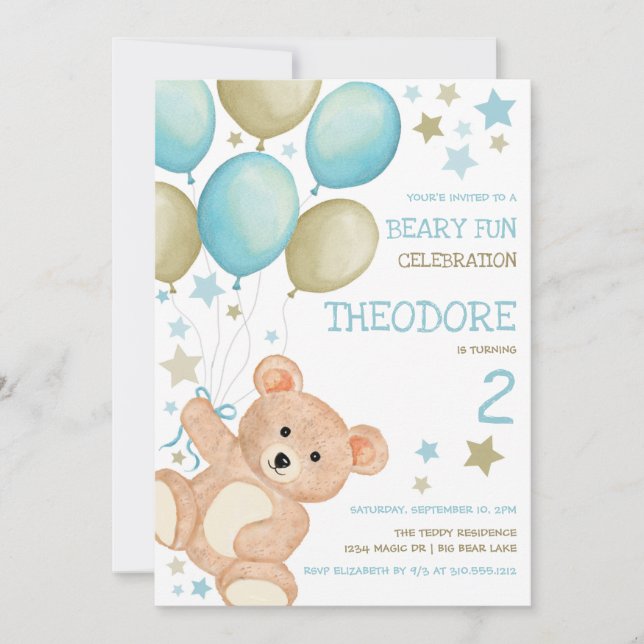 Watercolor Teddy Bear Blue Gold Boys Birthday Invitation (Front)
