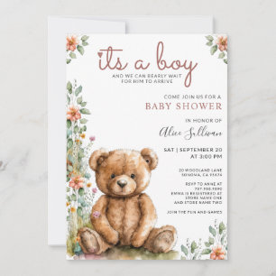 Watercolor Teddy Bear Boy Baby Shower Invitation