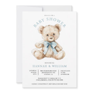 Watercolor Teddy Bear Boy Blue Baby Shower  Invitation