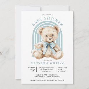 Watercolor Teddy Bear Boy Blue Baby Shower Invitation