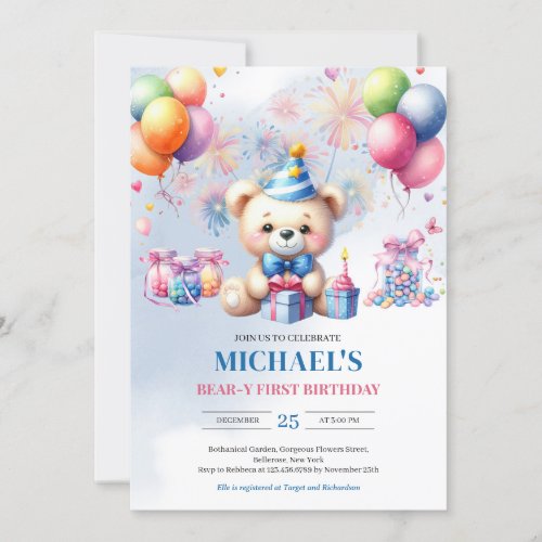 Watercolor teddy bear candy Bear_y first birthday Invitation