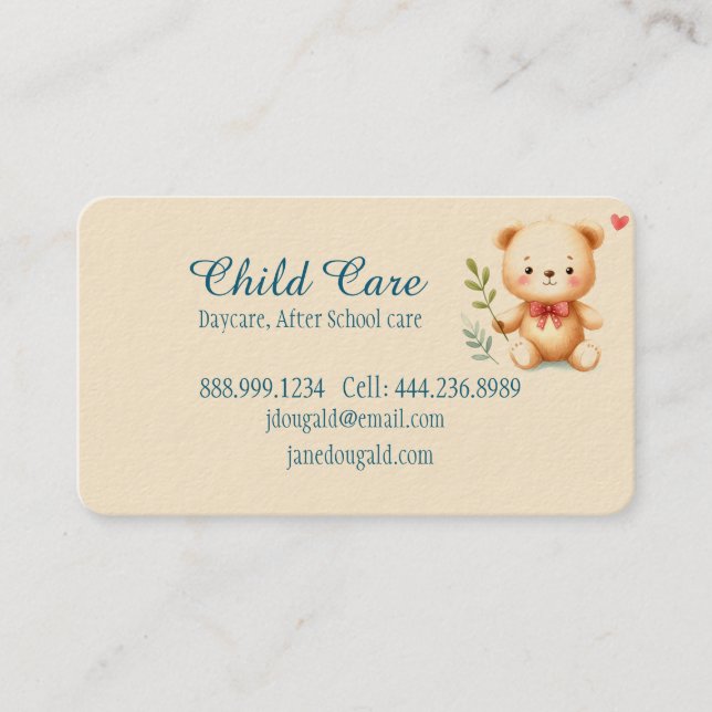 Watercolor Teddy Bear Child Minding Babysitting Business Card (Front)