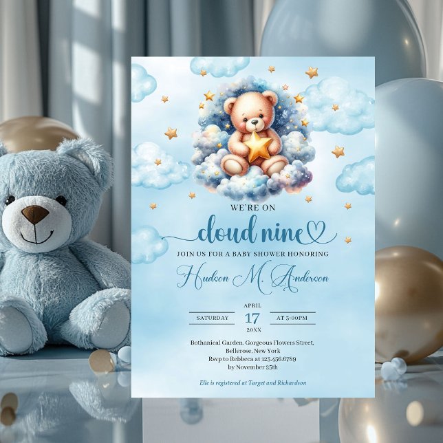 Watercolor teddy bear cloud nine Boy Baby Shower Invitation (blue and gold we're on cloud nine boy baby shower invitation)