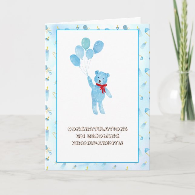 Watercolor Teddy Bear Congratulations Grandparents Card (Front)