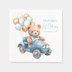 Watercolor Teddy Bear Driving Car First Birthday Napkins