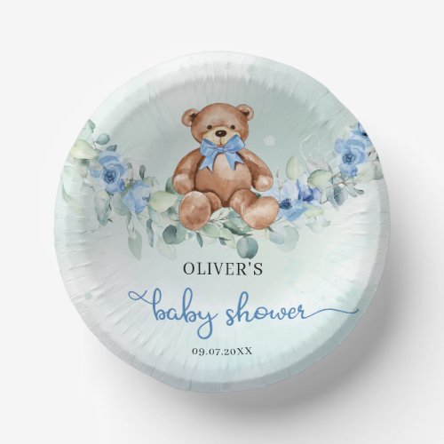 Watercolor teddy bear dusty blue floral eucalyptus paper bowls