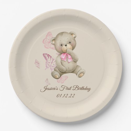 Watercolor Teddy Bear First Birthday Paper Plates