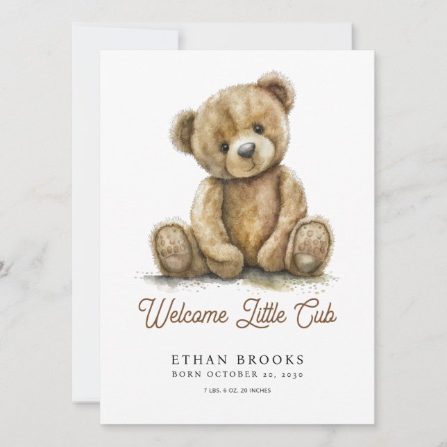 Watercolor Teddy Bear Gender Neutral Announcement (Front)