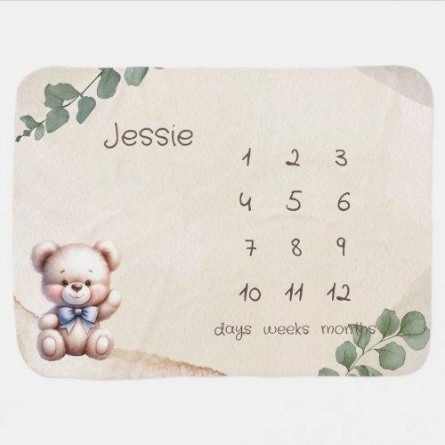 Watercolor Teddy Bear Gender Neutral Milestone Baby Blanket