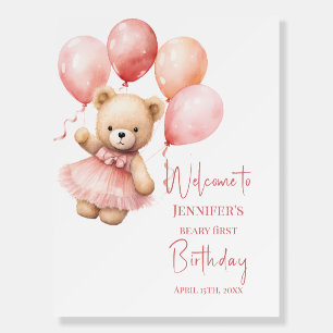 Watercolor Teddy Bear Girl 1st Birthday Welcome Foam Board
