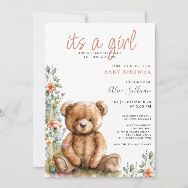 Watercolor Teddy Bear Girl Baby Shower Invitation (Front)