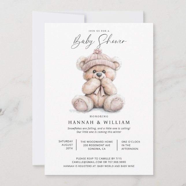 Watercolor Teddy Bear Girl Baby Shower Invitation (Front)