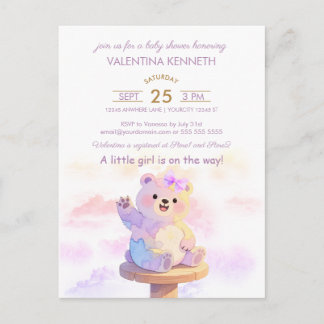 Watercolor Teddy Bear Girl Baby Shower Invitation Postcard