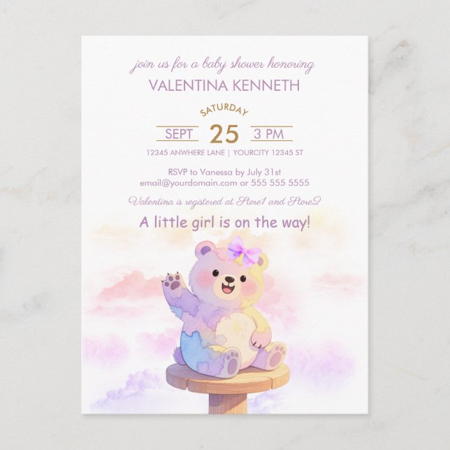 Watercolor Teddy Bear Girl Baby Shower Invitation Postcard (Front)