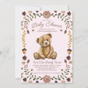 Watercolor Teddy Bear Girl Pink Baby Shower Invitation