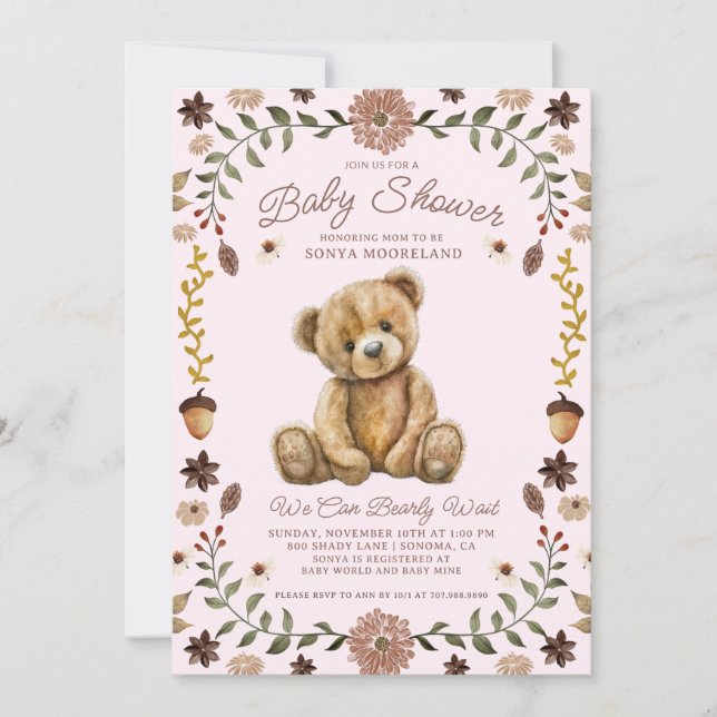 Watercolor Teddy Bear Girl Pink Baby Shower Invitation (Front)