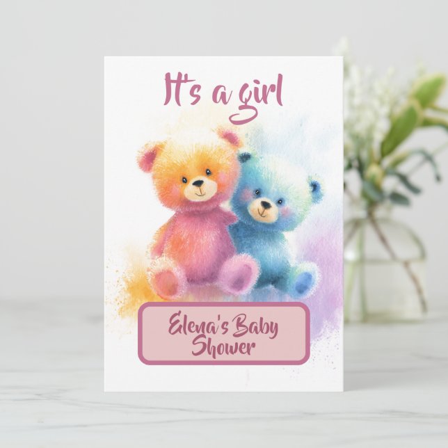 Watercolor Teddy Bear Girl Shower Pastel Card (Standing Front)