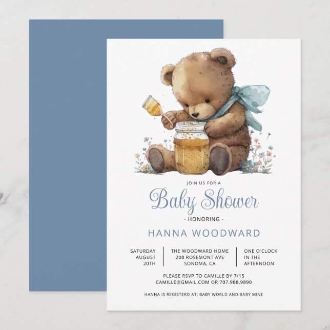 Watercolor Teddy Bear Honey Pot Boy Baby Shower Invitation (Front/Back)