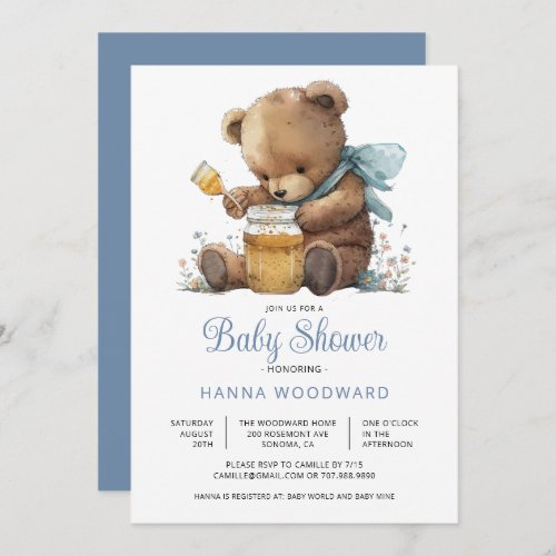 Watercolor Teddy Bear Honey Pot Boy Baby Shower Invitation