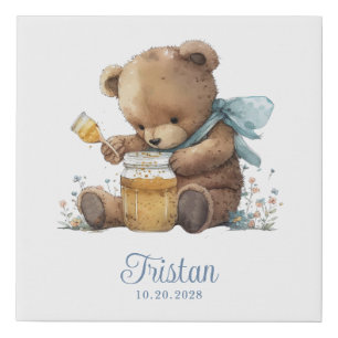 Watercolor Teddy Bear Honey Pot Boy Personalized Faux Canvas Print
