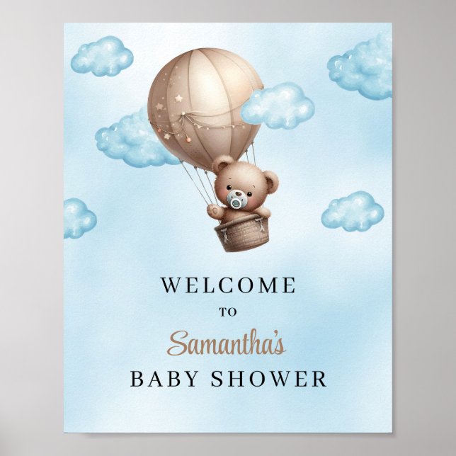Watercolor teddy bear hot air balloon welcome poster (Front)
