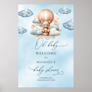 Watercolor teddy bear hot air balloon welcome poster