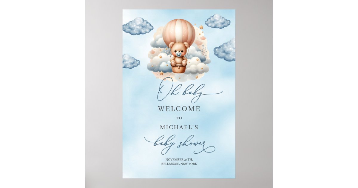 Watercolor teddy bear hot air balloon welcome poster | Zazzle