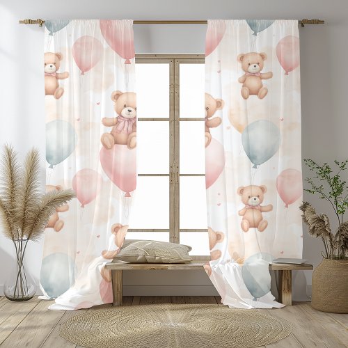 Watercolor Teddy Bear Hot Air Balloons Sheer Curtains