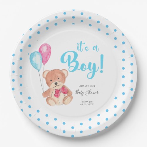 Watercolor Teddy Bear Its a Boy Baby Shower Dots Paper Plates