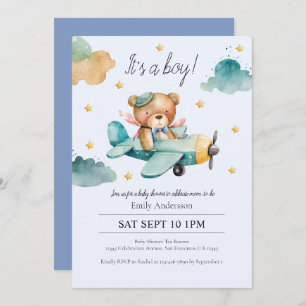 Watercolor Teddy Bear Its a Boy Baby Shower Invitation
