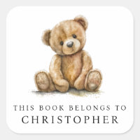 Watercolor Teddy Bear Kids Name Bookplate Label