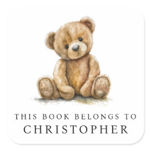 Watercolor Teddy Bear Kids Name Bookplate Label