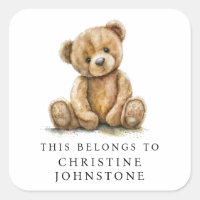 Watercolor Teddy Bear Kids Name Bookplate Label