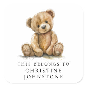 Watercolor Teddy Bear Kids Name Bookplate Label