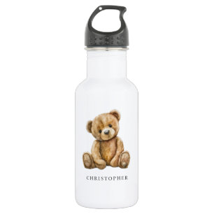 Watercolor Teddy Bear Kids Name Stainless Steel Water Bottle