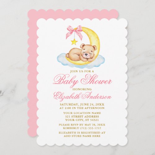 Watercolor Teddy Bear Moon Baby Shower Pink Invitation