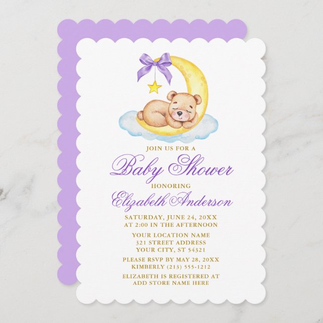 Watercolor Teddy Bear Moon Baby Shower Purple Invitation (Front/Back)