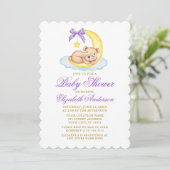 Watercolor Teddy Bear Moon Baby Shower Purple Invitation (Standing Front)