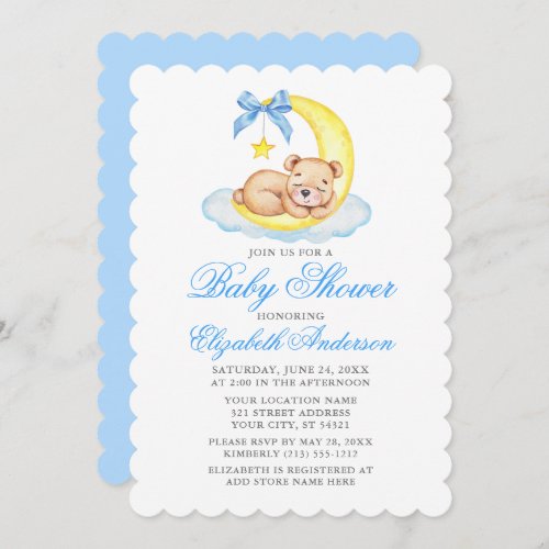 Watercolor Teddy Bear Moon Blue Baby Shower Invitation