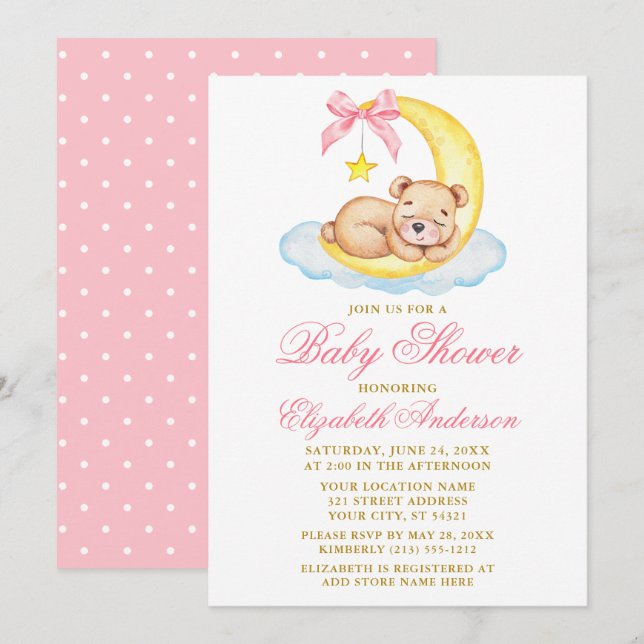 Watercolor Teddy Bear Moon Pink Dots Baby Shower Invitation (Front/Back)