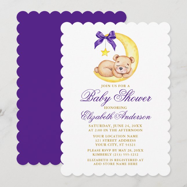 Watercolor Teddy Bear Moon Purple Baby Shower Invitation (Front/Back)