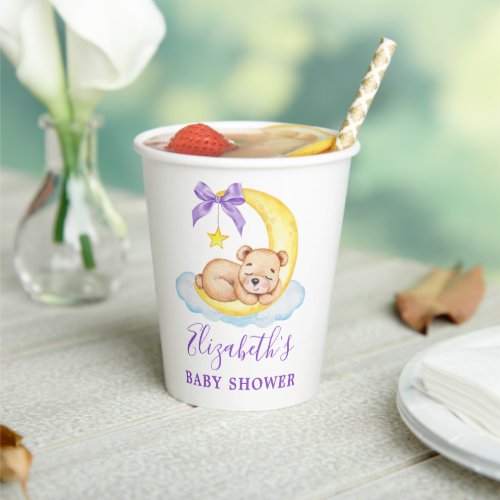 Watercolor Teddy Bear Moon Purple Baby Shower Paper Cups