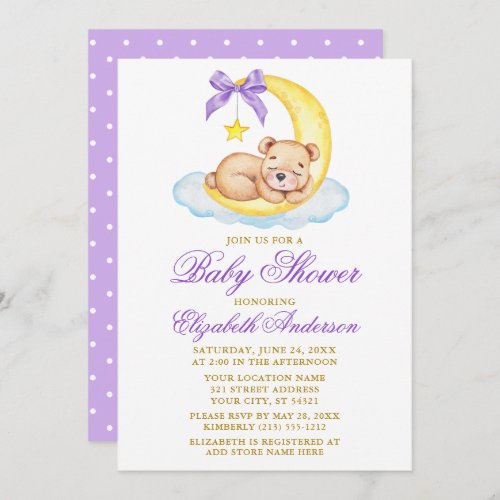 Watercolor Teddy Bear Moon Purple Dots Baby Shower Invitation