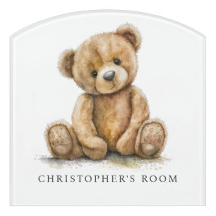 Watercolor Teddy Bear Neutral Nursery Name Art Door Sign