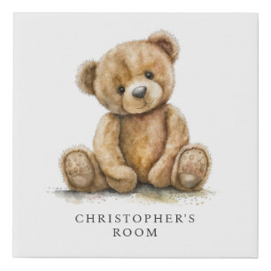 Watercolor Teddy Bear Neutral Nursery Name Art Faux Canvas Print