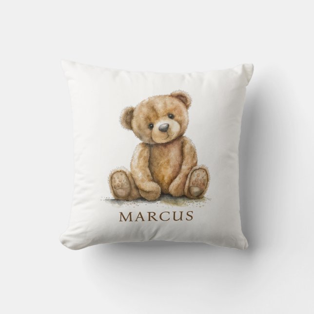 Watercolor Teddy Bear Nursery Baby Name Throw Pillow (Front)