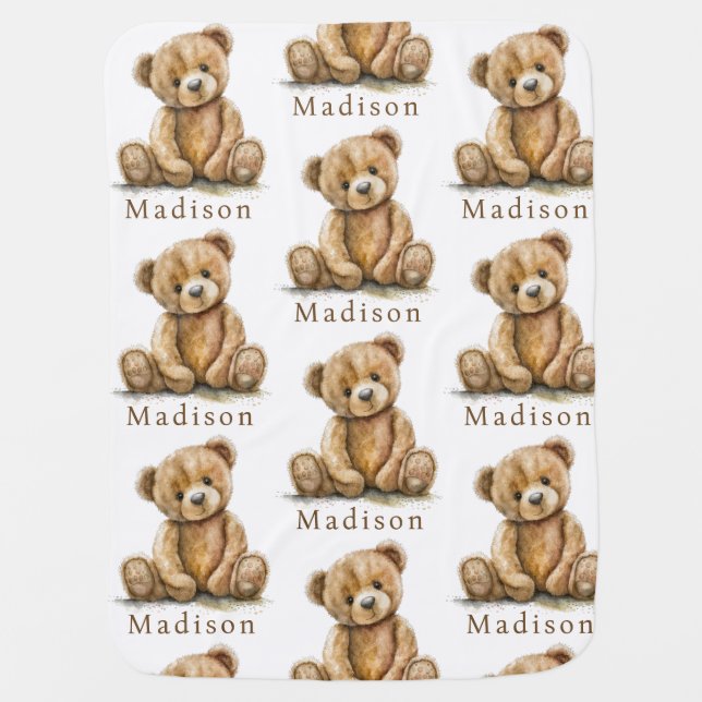 Watercolor Teddy Bear Nursery Personalized Baby Blanket (Front)